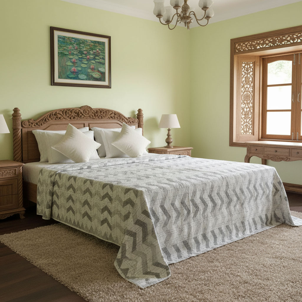 Hand Block Printed Cotton Sanganer Kantha Queen Size Chevron Smoky Grey 171858