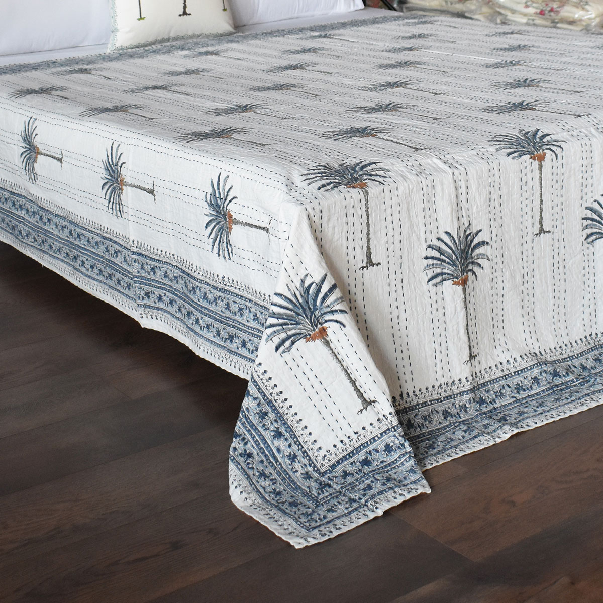 Hand Block Printed Cotton Kantha Queen Size Palm Tree Blue 102682