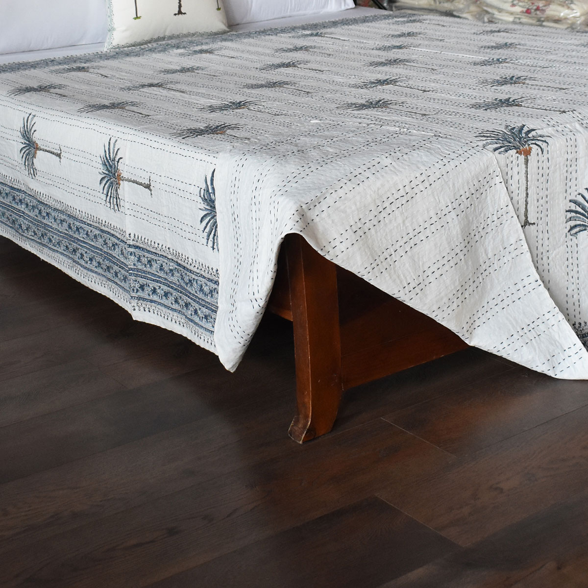 Hand Block Printed Cotton Kantha Queen Size  Palm Tree Blue 102682