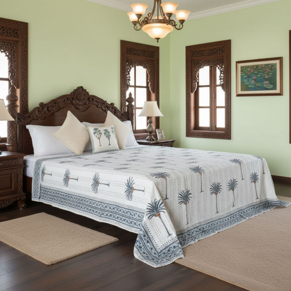 Image of Hand Block Printed Cotton Kantha Queen Size | Palm Tree Blue 102682