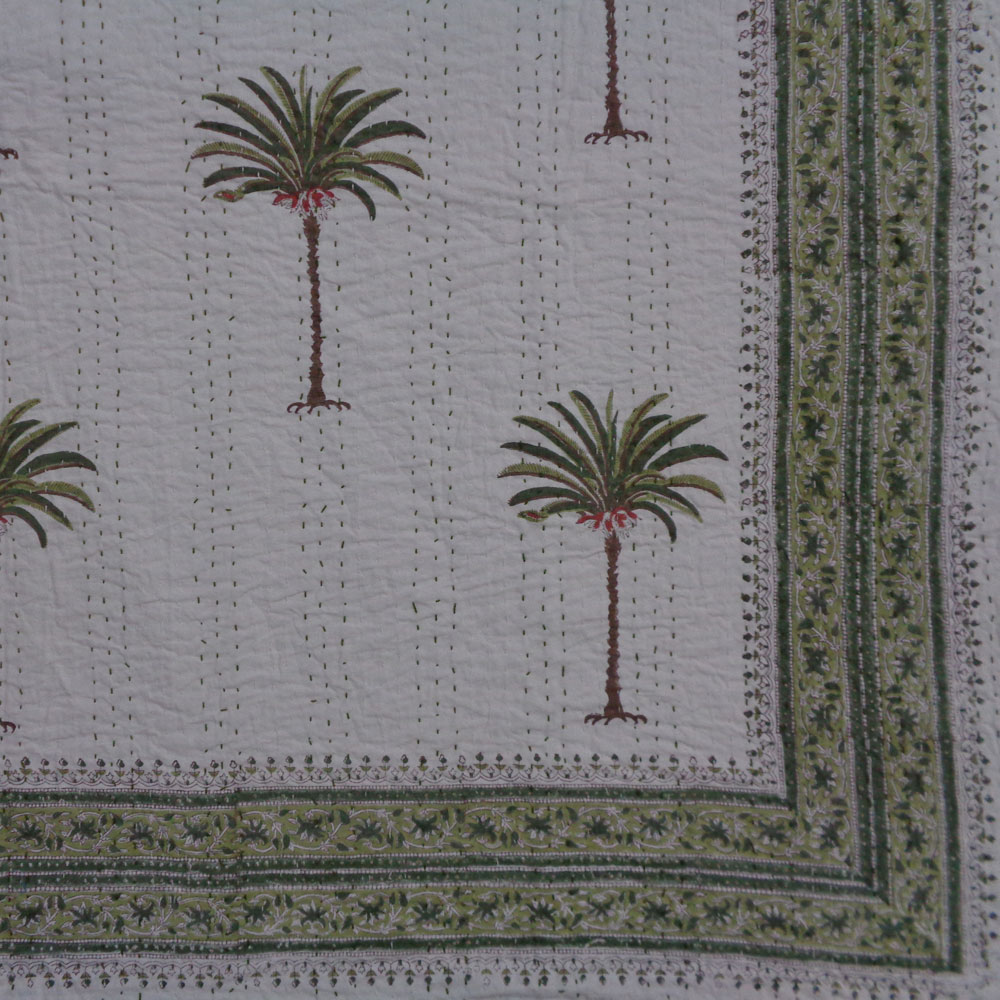 Hand Block Printed Cotton Twin Size Kantha Palm Tree Green 109024