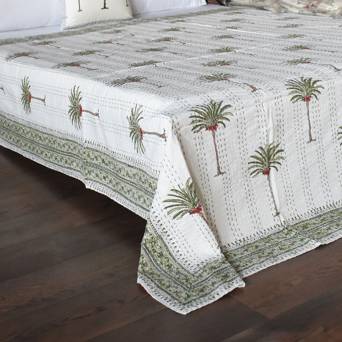 Hand Block Printed Cotton Sanganer Kantha Queen Size Palm Tree Green 109024