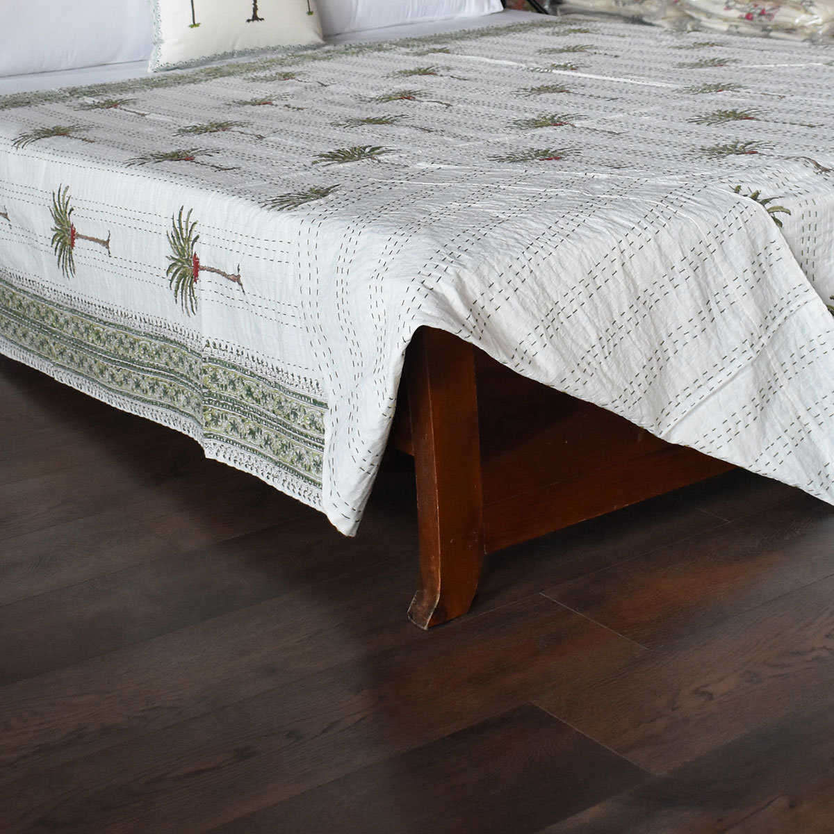 Hand Block Printed Cotton Sanganer Kantha Queen Size Palm Tree Green 109024