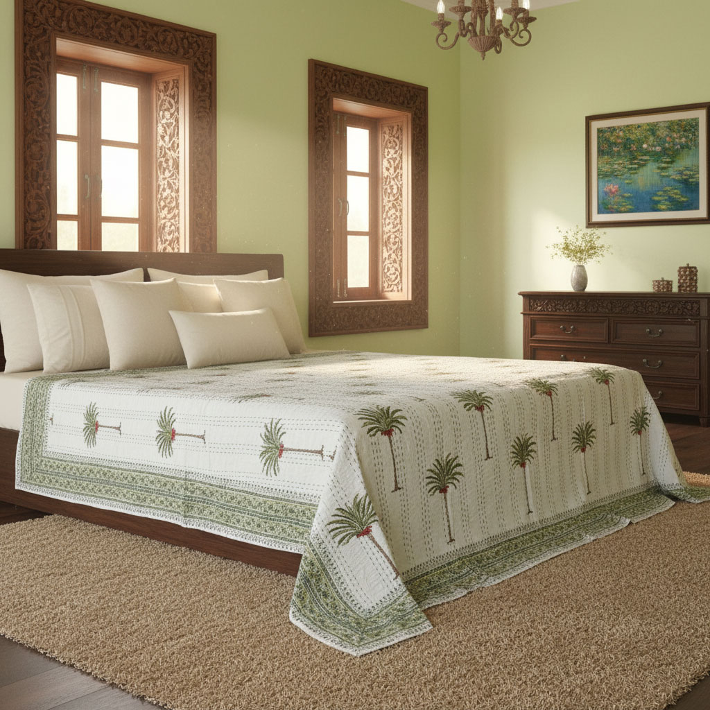 Hand Block Printed Cotton Sanganer Kantha Queen Size  Palm Tree Green 109024