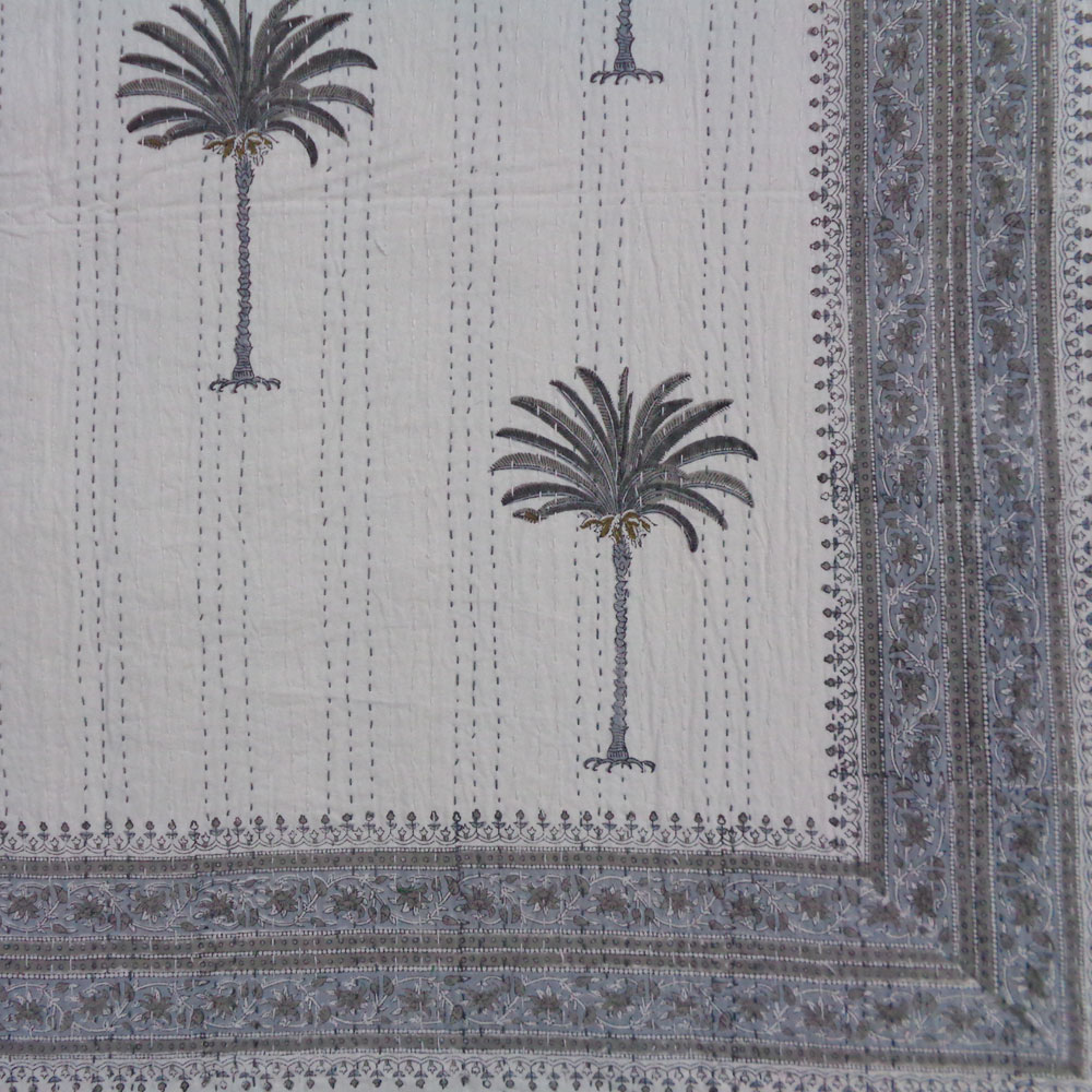 Hand Block Printed Cotton Twin Size Kantha Palm Tree Grey 101252