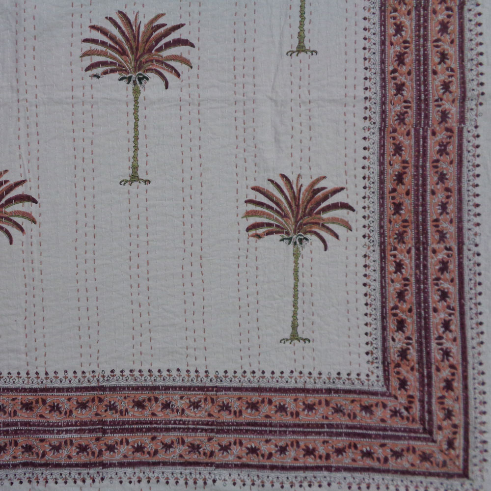 Hand Block Printed Cotton Twin Size Kantha Palm Tree Pink 101756