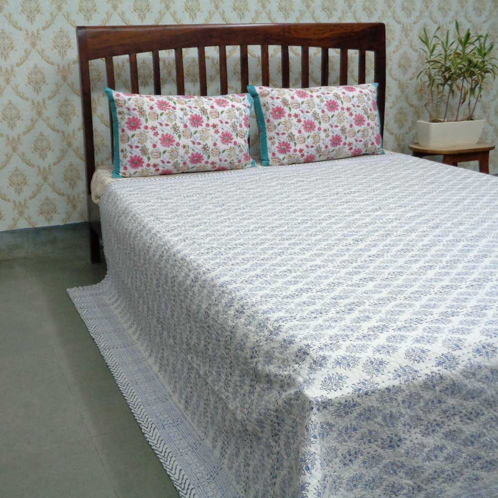 Block Printed QUEEN SIZE Single-Width Kantha  Booti Datta Blue 104772