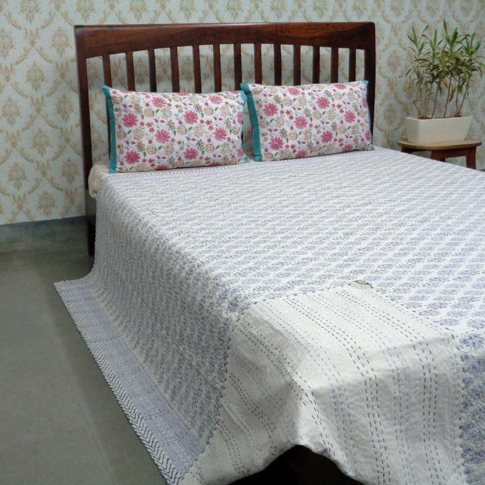 Block Printed QUEEN SIZE Single-Width Kantha  Booti Datta Blue 104772