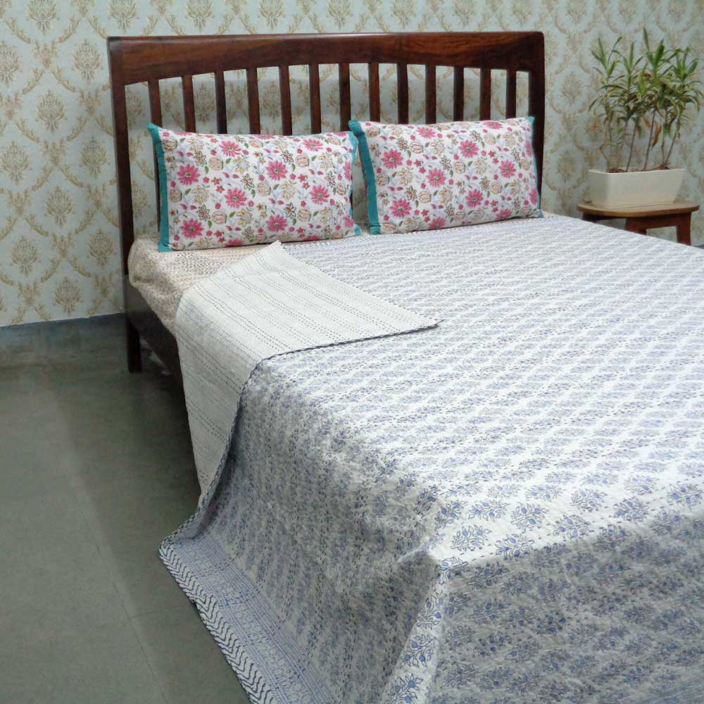 Block Printed QUEEN SIZE Single-Width Kantha  Booti Datta Blue 104772