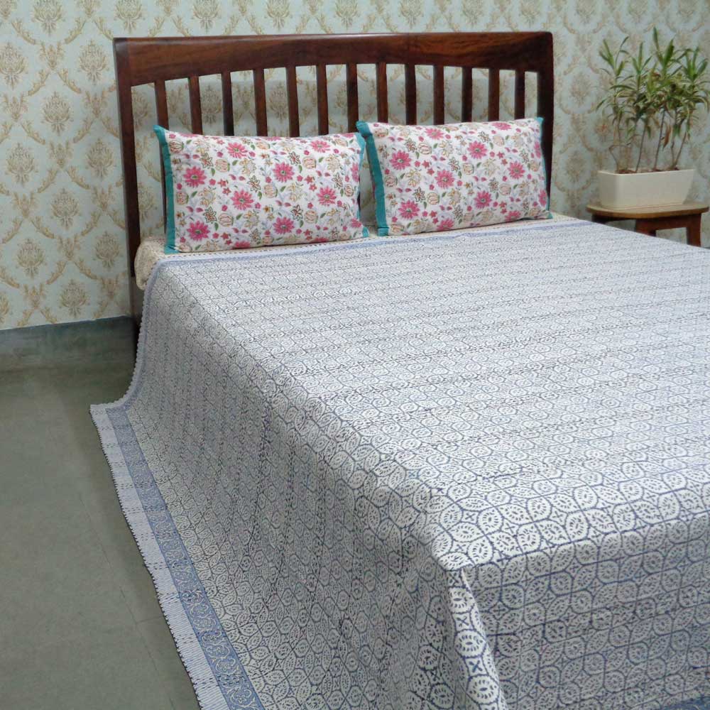 Block Printed QUEEN SIZE Single-Width Kantha  Char Patti Blue 104734