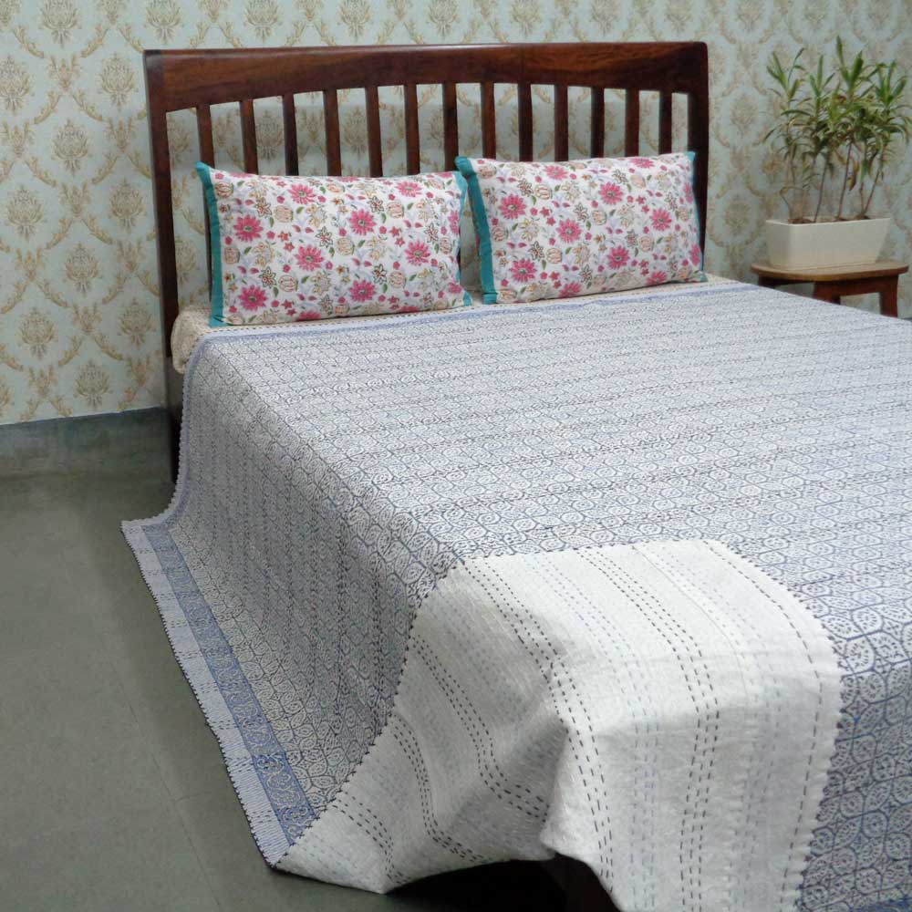 Block Printed QUEEN SIZE Single-Width Kantha  Char Patti Blue 104734
