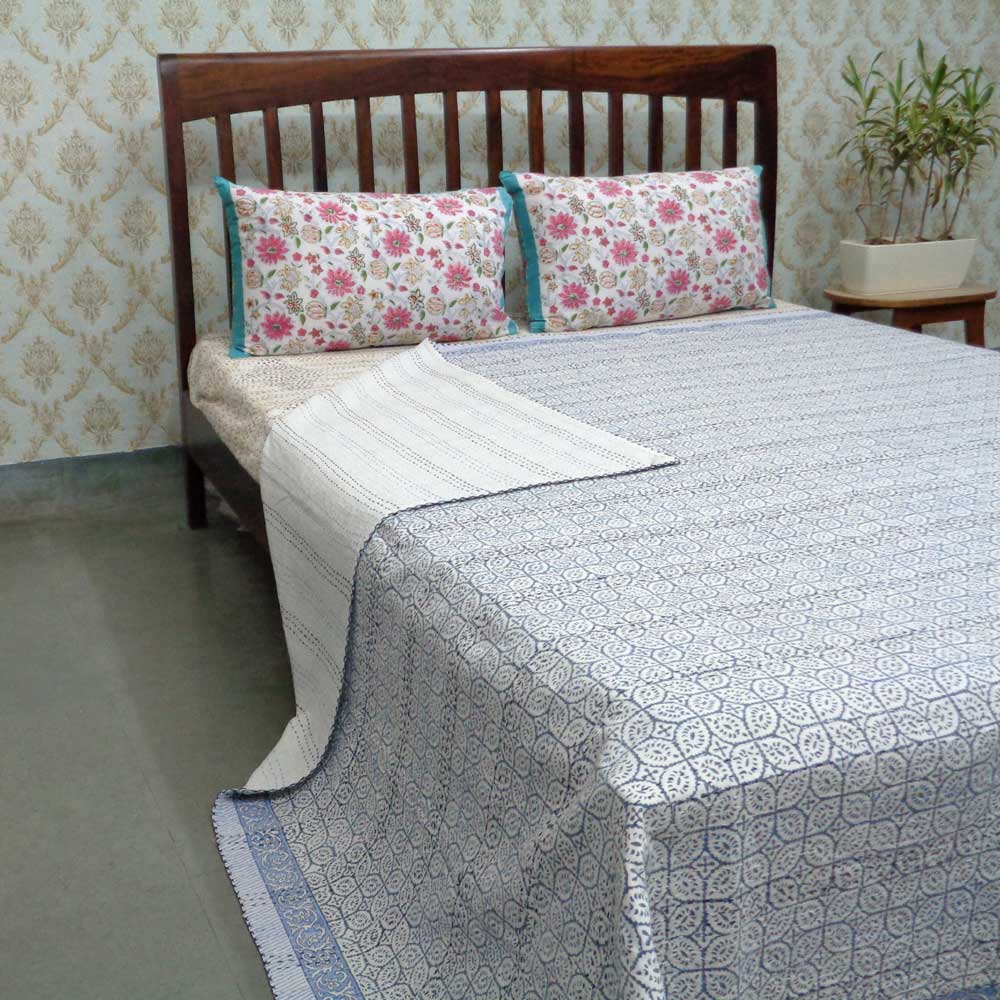 Block Printed QUEEN SIZE Single-Width Kantha  Char Patti Blue 104734
