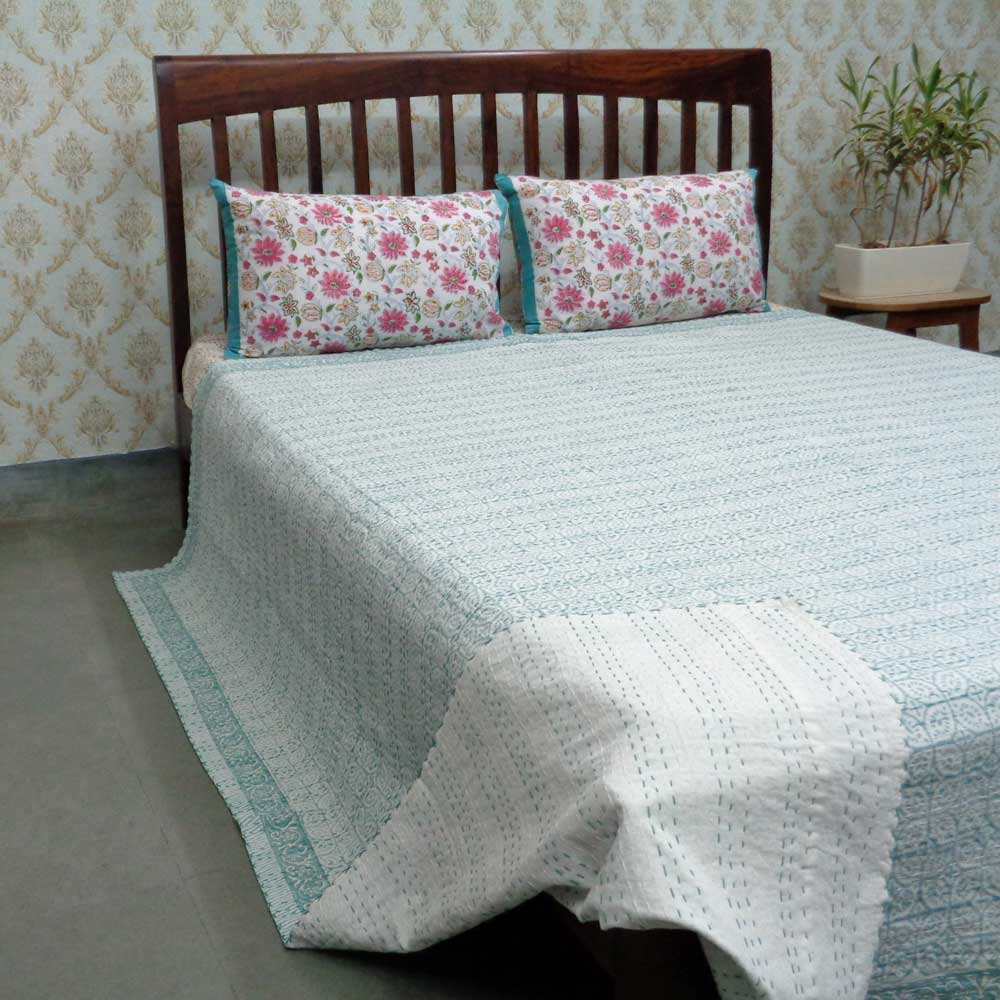 Block Printed QUEEN SIZE Single-Width Kantha  Circular Vine Teal 104761