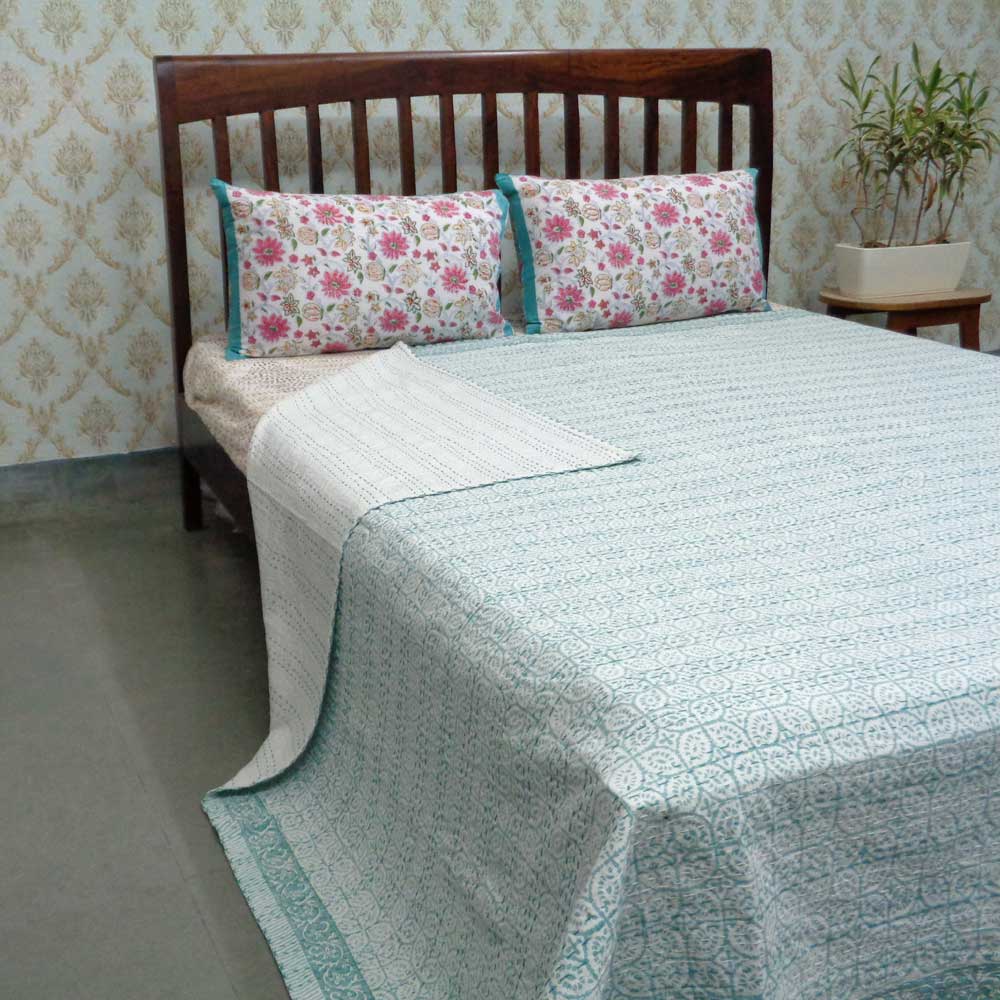 Block Printed QUEEN SIZE Single-Width Kantha  Circular Vine Teal 104761