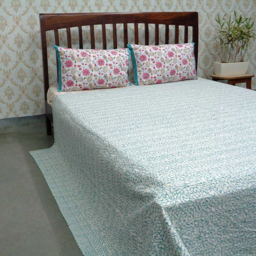 Block Printed QUEEN SIZE Single-Width Kantha  Circular Vine Teal 104761