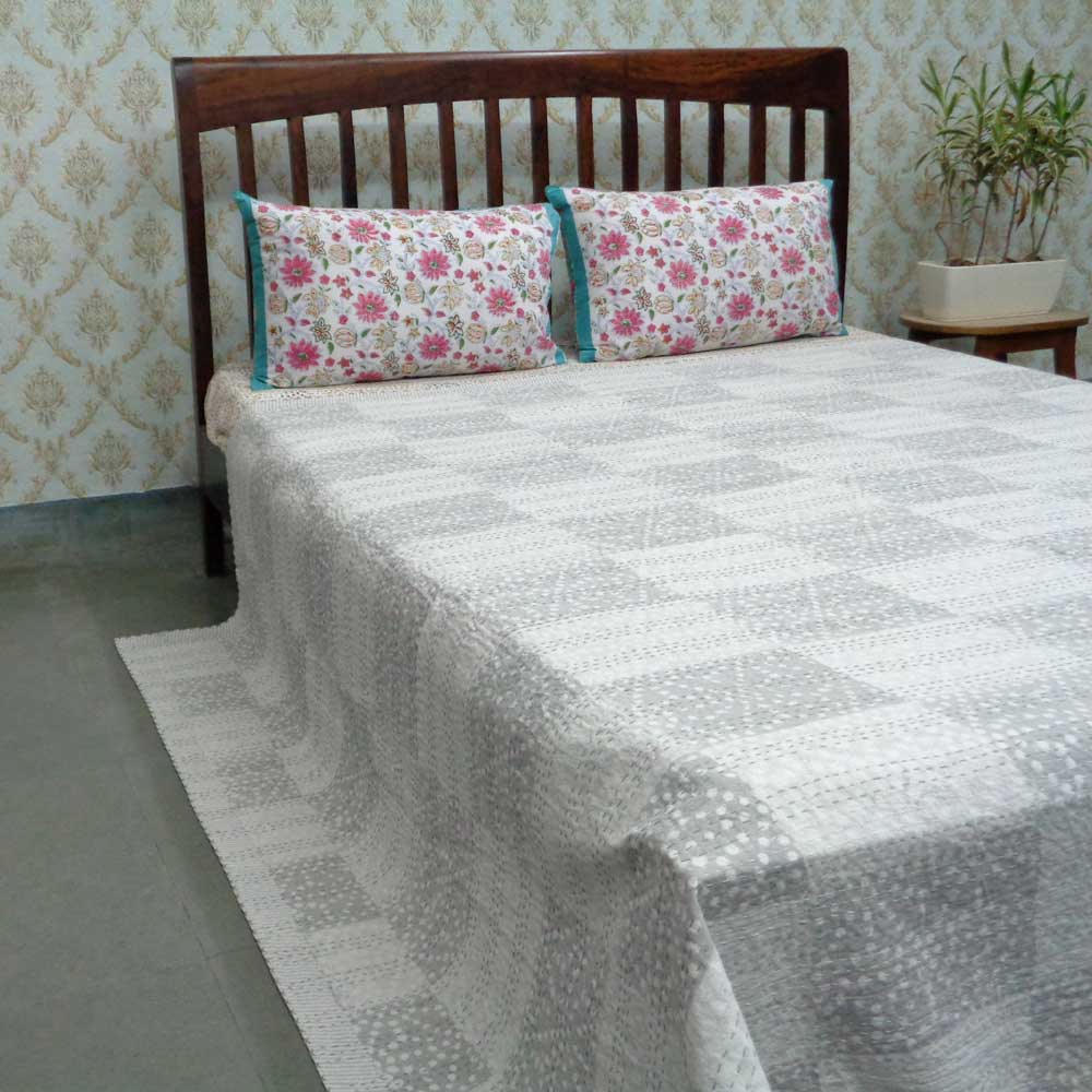 Design Dotty Chokor Grey 104748 Block Printed QUEEN SIZE Single-Width Kantha