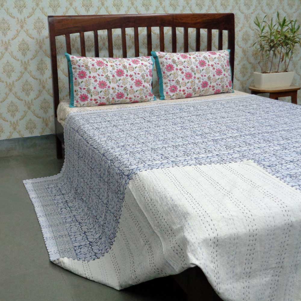 Design 104718 Block Printed QUEEN SIZE Single-Width Kantha  Mix Patti Blue
