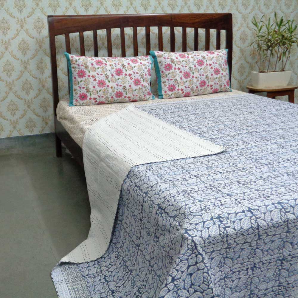 Design 104718 Block Printed QUEEN SIZE Single-Width Kantha  Mix Patti Blue
