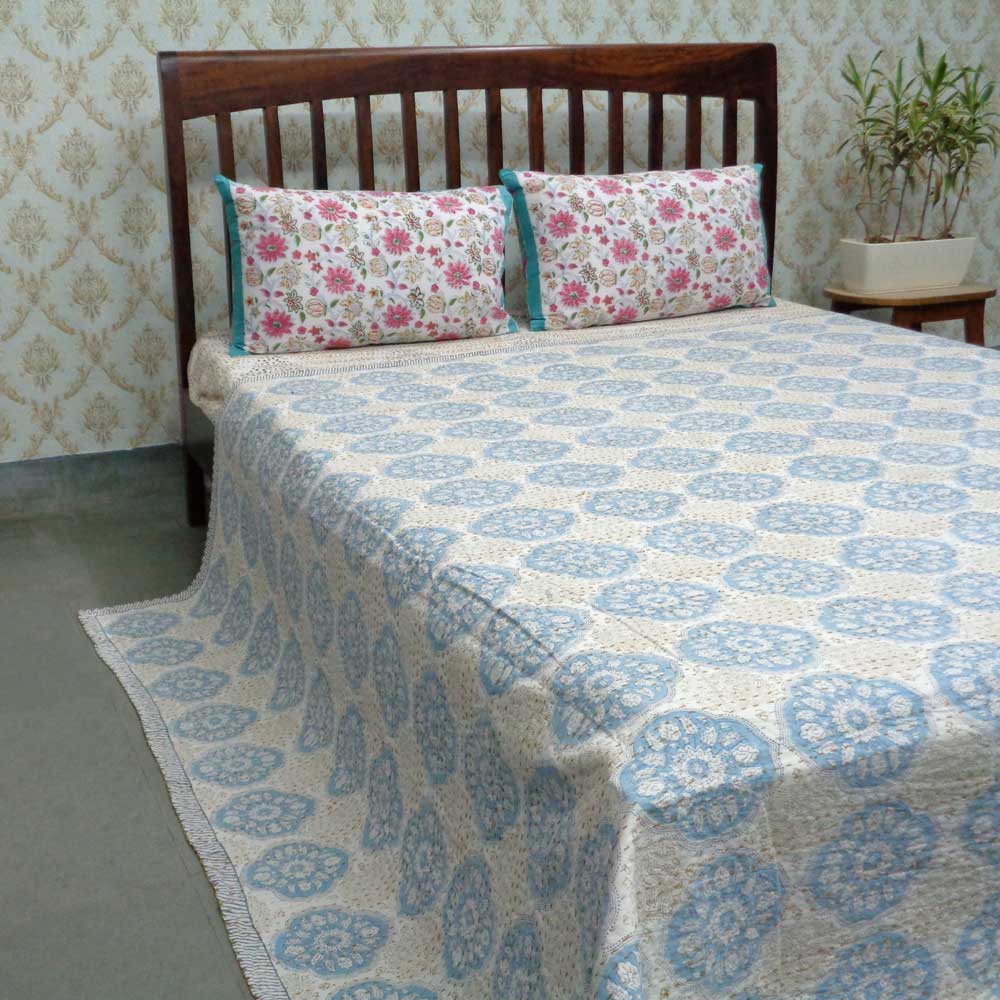 Design Motif Patti Dusk Blue 104715 Block Printed QUEEN SIZE Single-Width Kantha Sort Order