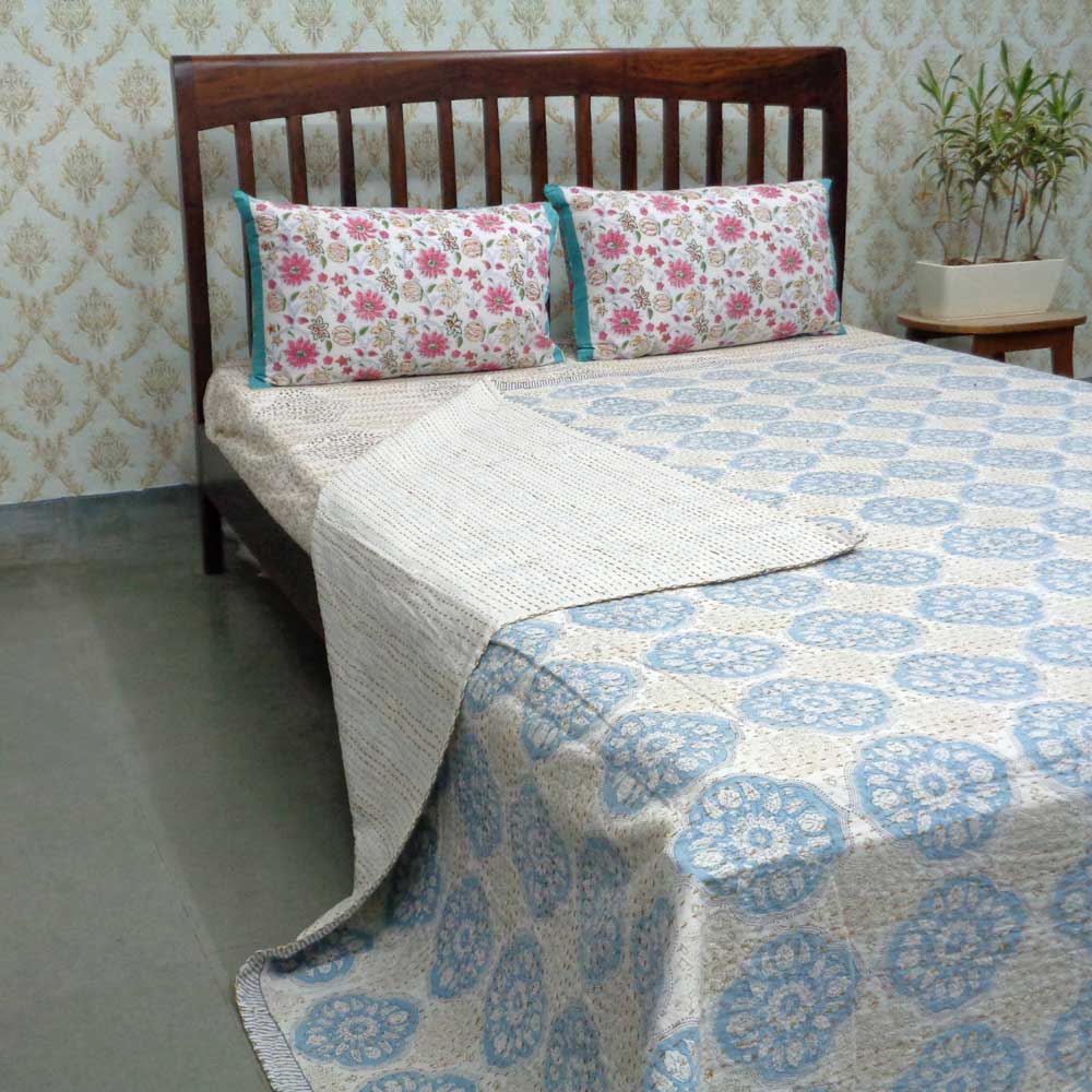 Design Motif Patti Dusk Blue 104715 Block Printed QUEEN SIZE Single-Width Kantha Sort Order
