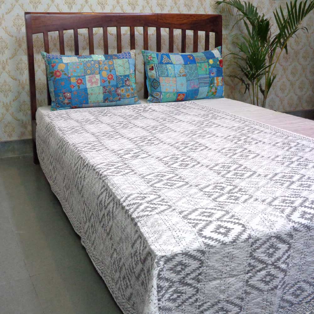 Hand Block Printed Cotton Twin Size Kantha Aztec Grey 200961