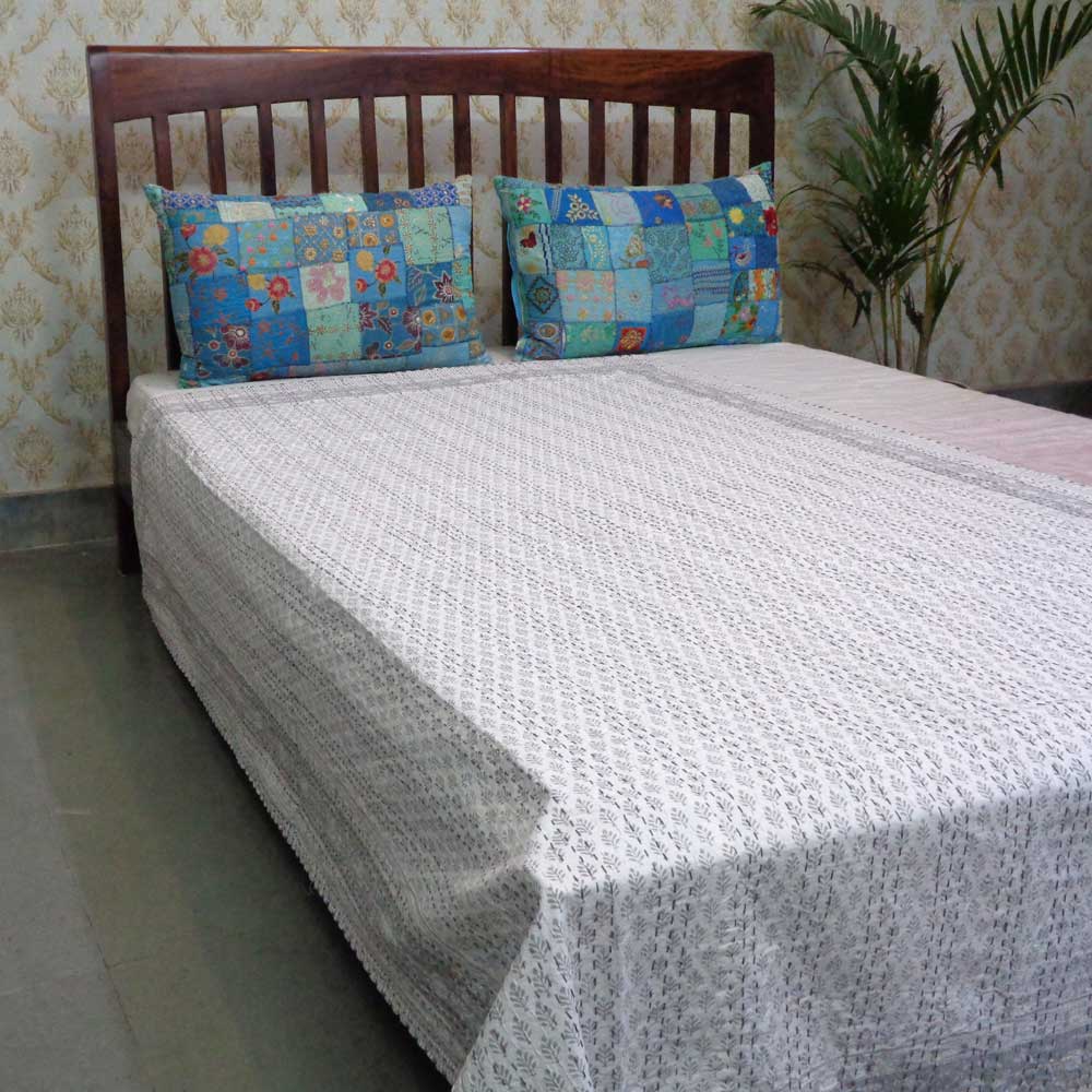Hand Block Printed Cotton Twin Size Kantha Neem Grey 102640