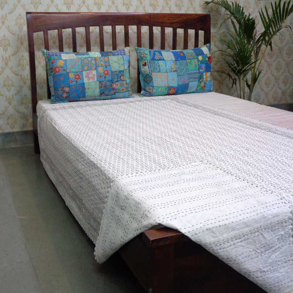 Hand Block Printed Cotton Twin Size Kantha Neem Grey 102640