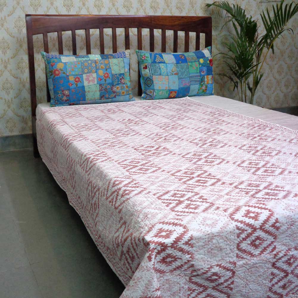 Hand Block Printed Cotton Twin Size Kantha Aztec Cappuccino 200998
