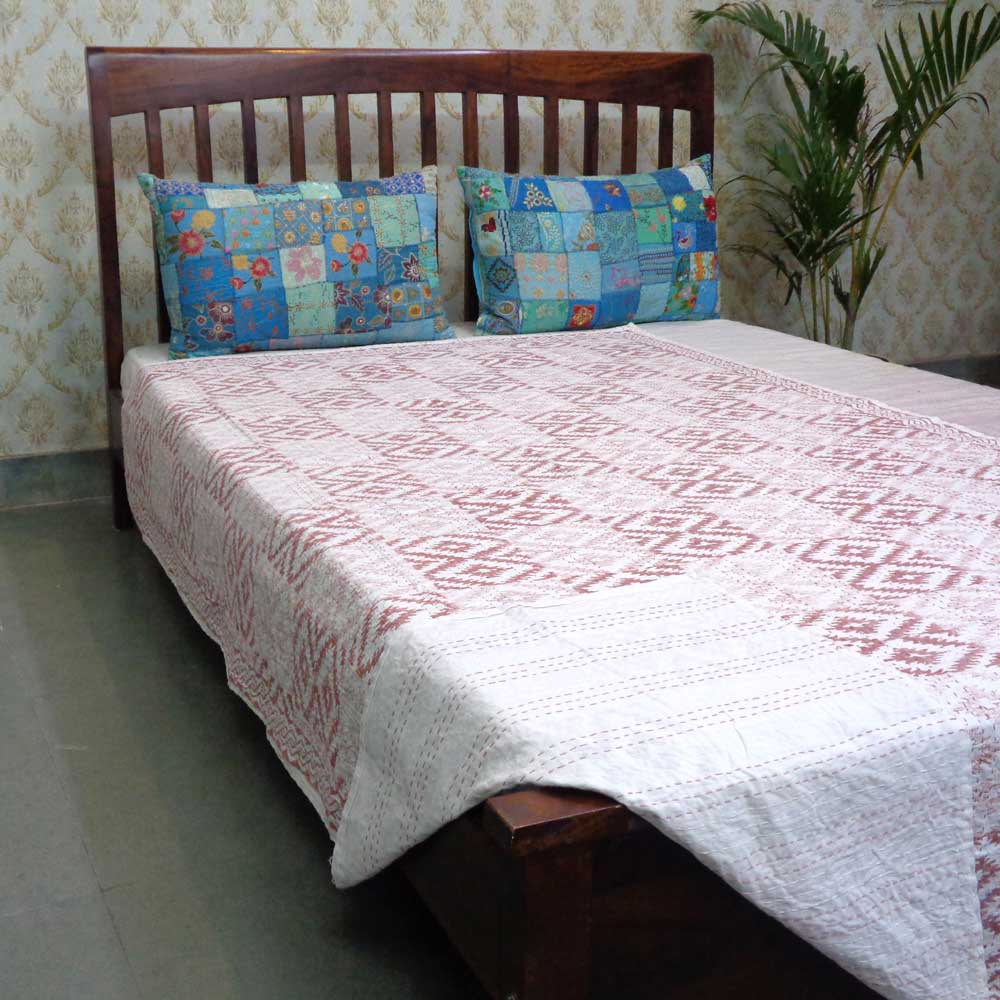 Hand Block Printed Cotton Twin Size Kantha Aztec Cappuccino 200998