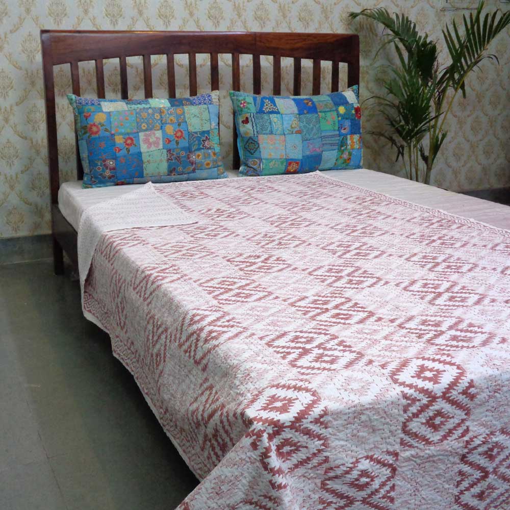 Hand Block Printed Cotton Twin Size Kantha Aztec Cappuccino 200998