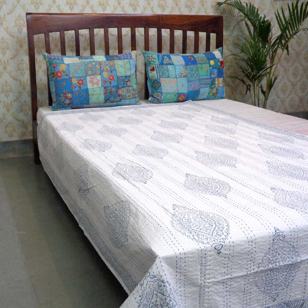 Hand Block Printed Cotton Twin Size Kantha Big Patti Blue 200990