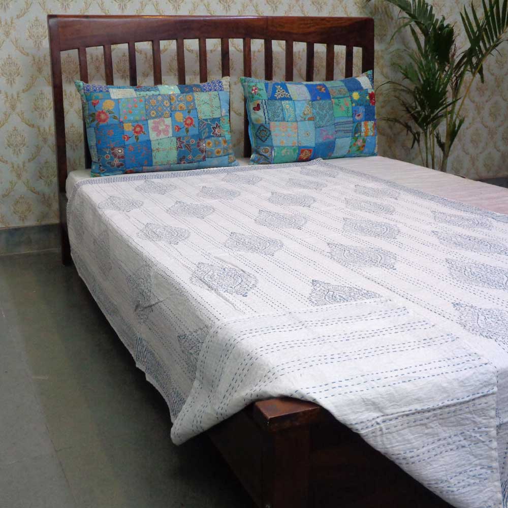 Hand Block Printed Cotton Twin Size Kantha Big Patti Blue 200990