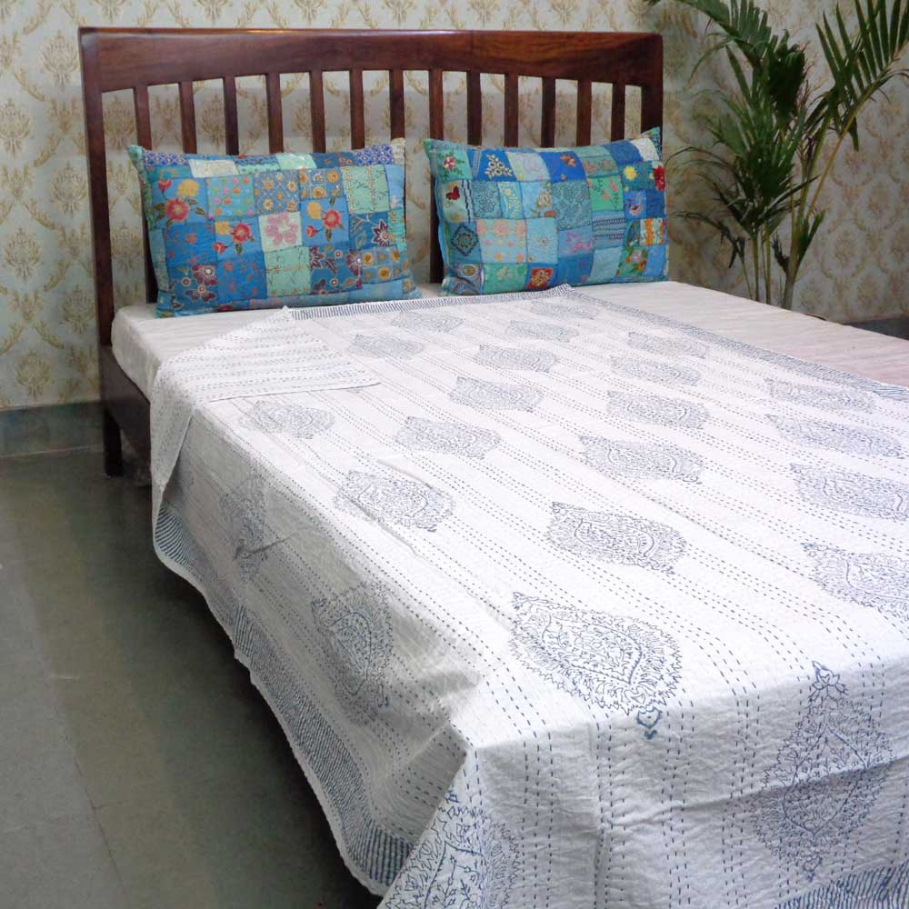 Hand Block Printed Cotton Twin Size Kantha  Big Patti Blue 200990