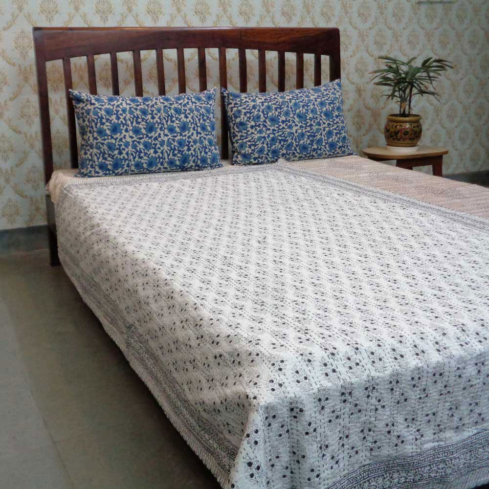 Cotton Twin Size Kantha Hand Embroidered  Booti Datta Grey 104335