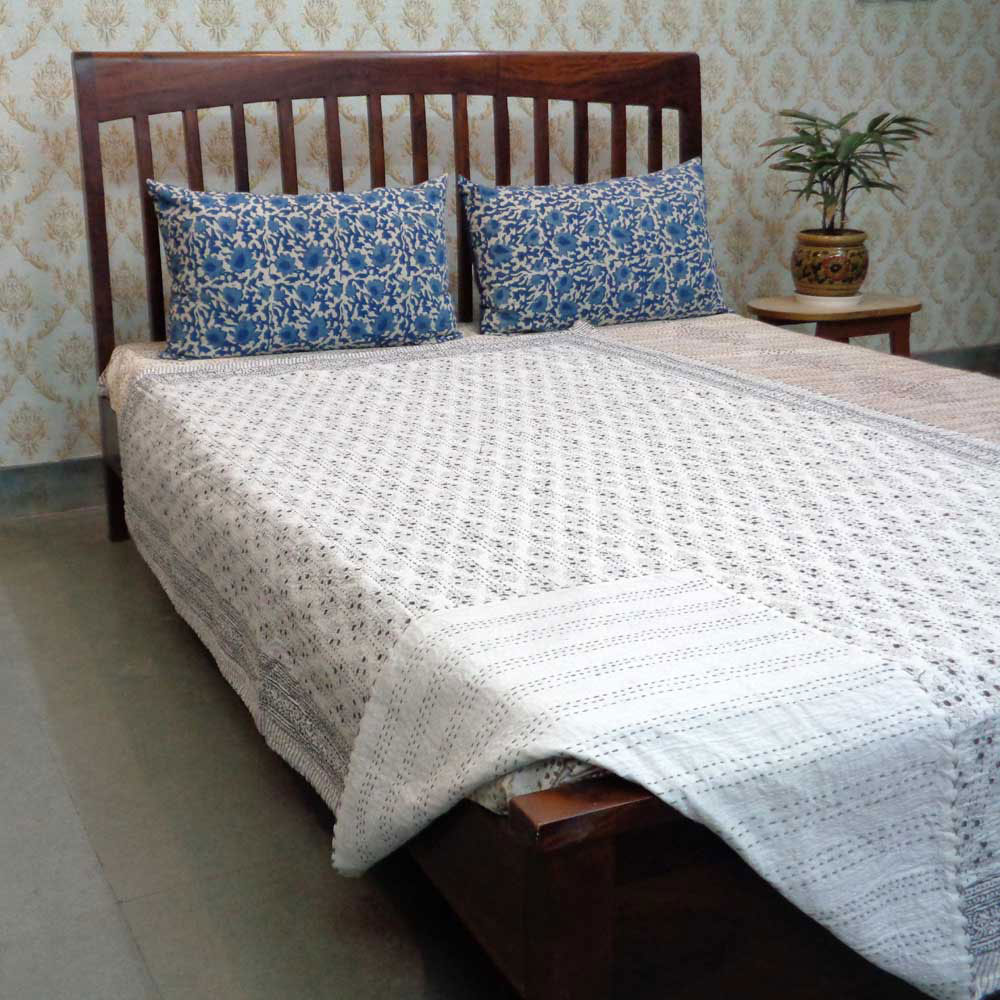 Cotton Twin Size Kantha Hand Embroidered  Booti Datta Grey 104335