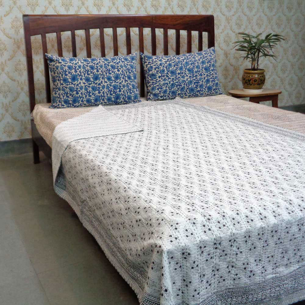 Cotton Twin Size Kantha Hand Embroidered  Booti Datta Grey 104335