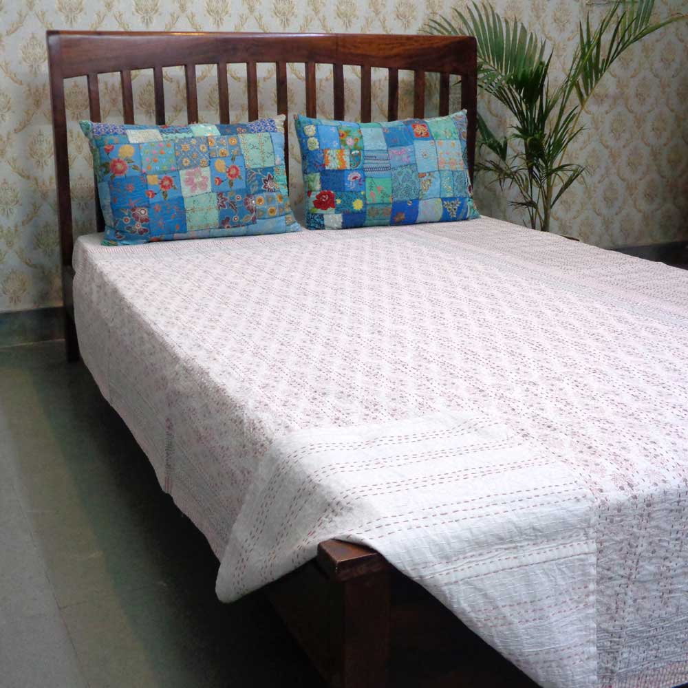 Hand Block Printed Cotton Twin Size Kantha Booti Datta Pink 202063