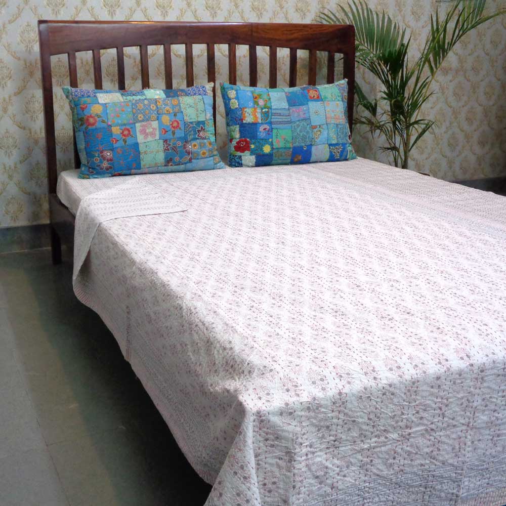 Hand Block Printed Cotton Twin Size Kantha Booti Datta Pink 202063