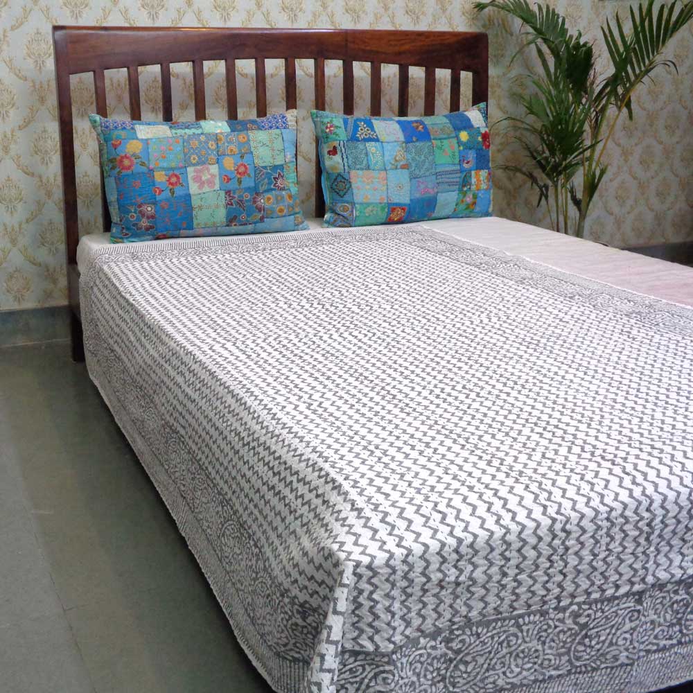 Hand Block Printed Cotton Twin Size Kantha Chevron Grey 200967