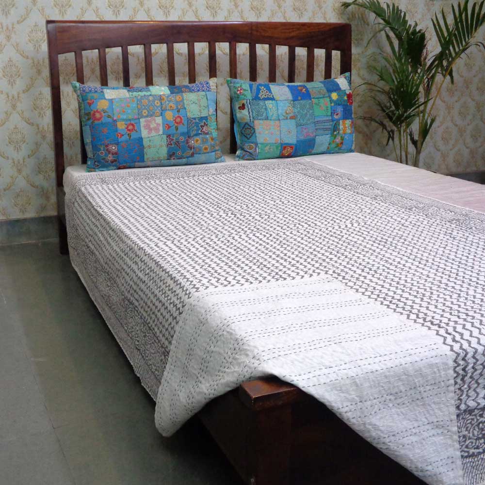 Hand Block Printed Cotton Twin Size Kantha Chevron Grey 200967