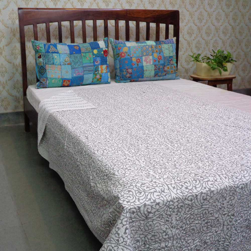 Hand Block Printed Cotton Twin Size Kantha Circular Vine Grey 200249