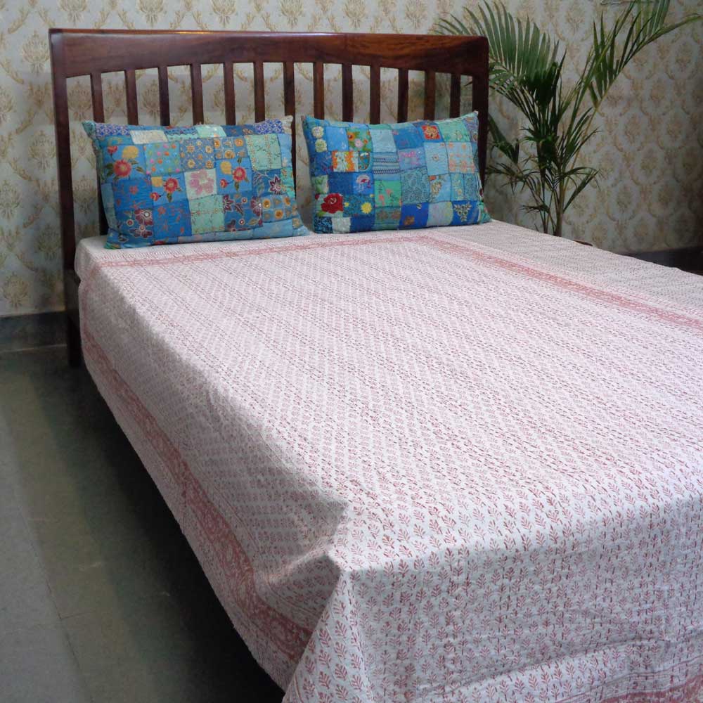 Hand Block Printed Cotton Twin Size Kantha Neem Peach 202071