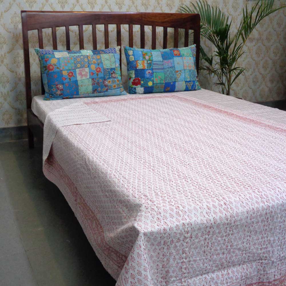 Hand Block Printed Cotton Twin Size Kantha Neem Peach 202071