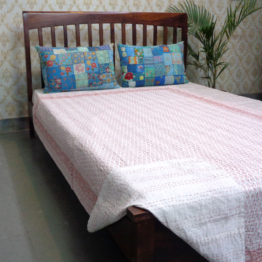 Hand Block Printed Cotton Twin Size Kantha Neem Peach 202071