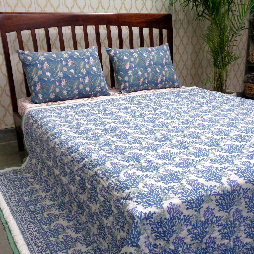 Hand Block Printed Cotton Quilt King Size  Coral Multi Blue 502087
