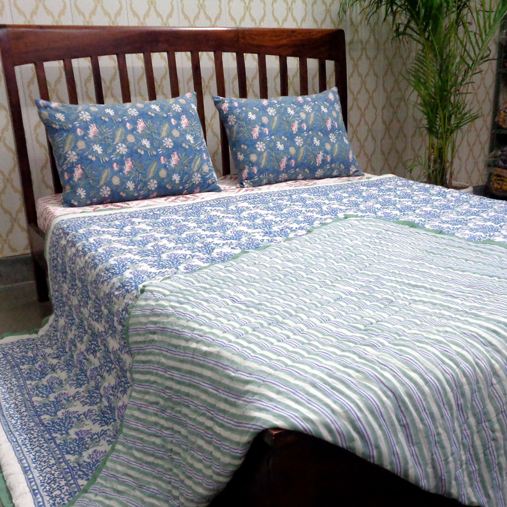 Hand Block Printed Cotton Quilt King Size  Coral Multi Blue 502087