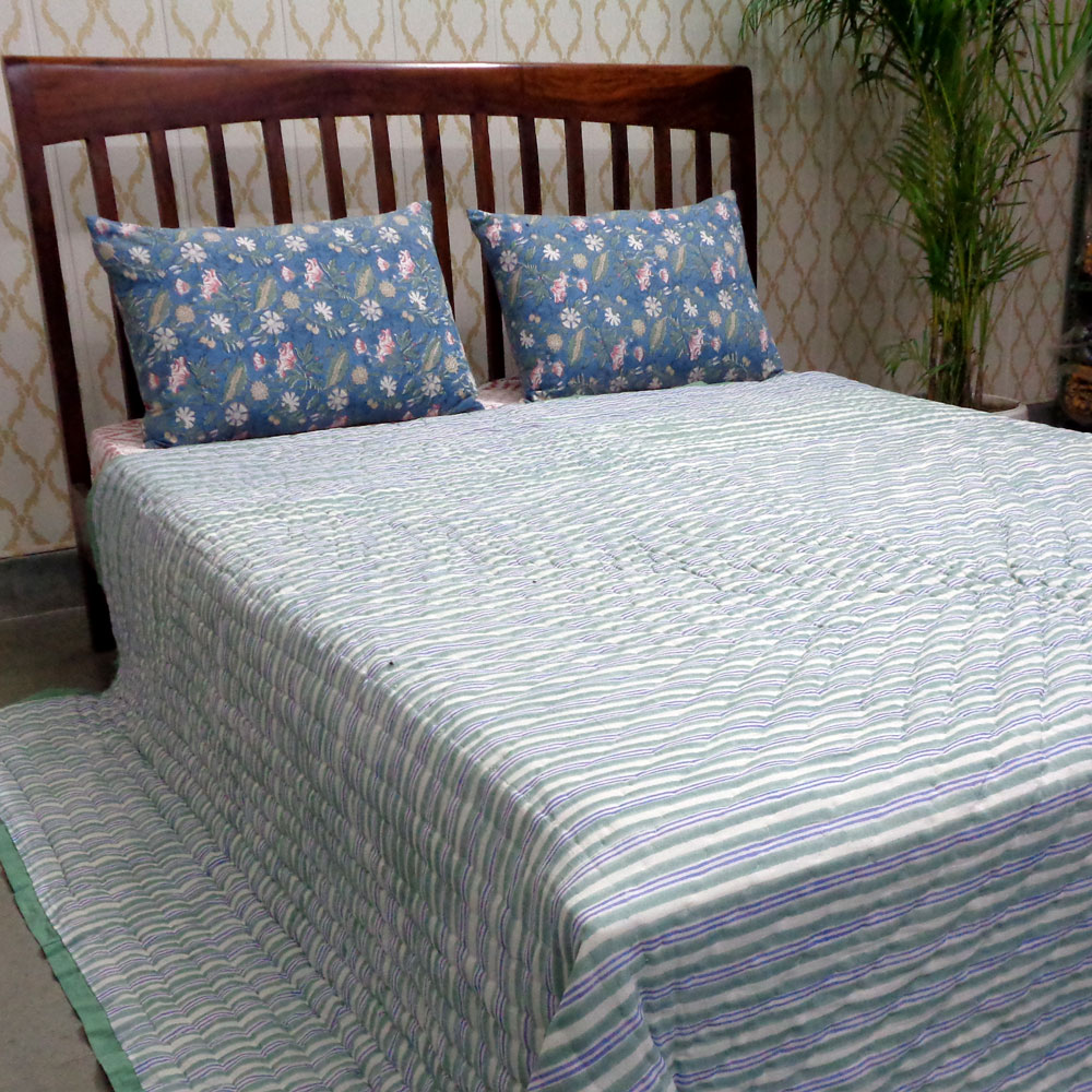 Hand Block Printed Cotton Quilt King Size  Coral Multi Blue 502087