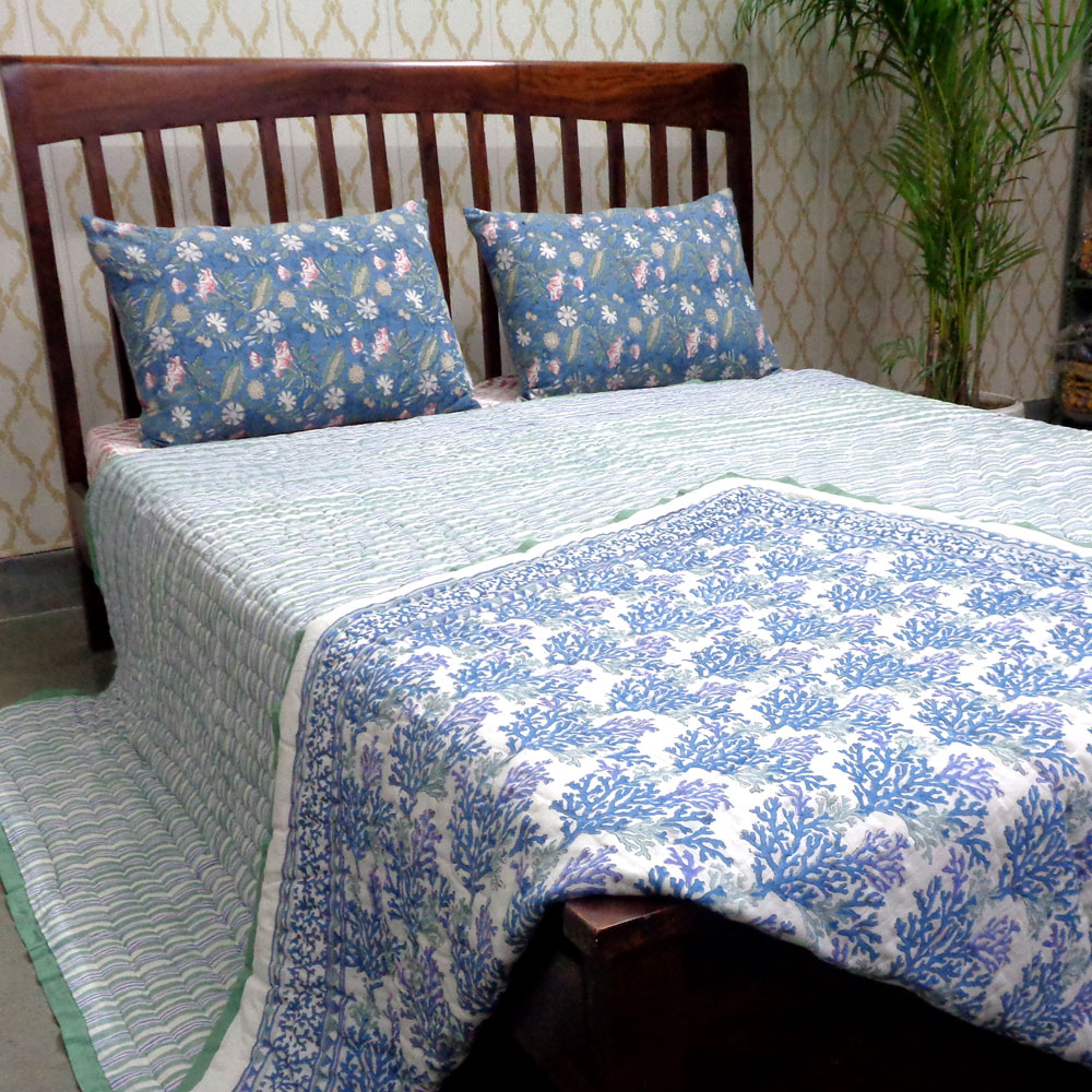 Hand Block Printed Cotton Quilt King Size  Coral Multi Blue 502087
