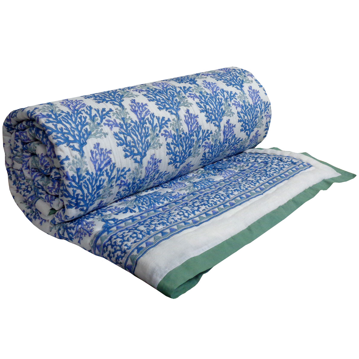 Hand Block Printed Cotton Quilt King Size Coral Multi Blue 502087