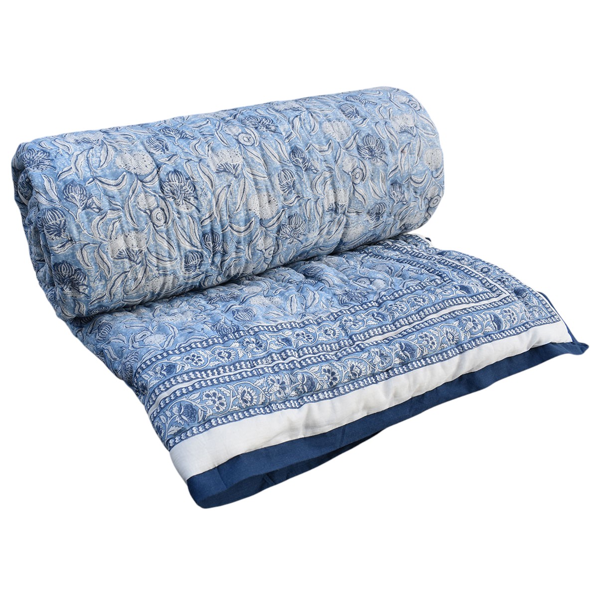 Hand Block Printed Cotton King Size Quilt Meadow Song Blue 202513